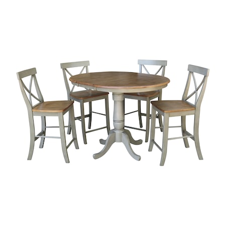 International Concepts Round 36 in Rd Extension Dining Table, 4 X-back Counter Ht Stools, Hickory/Stone, 36 W, 48 L, Wood K41-36RXT-6B-S6132-4